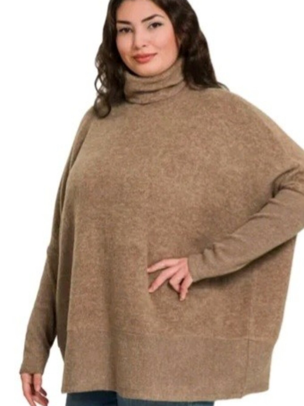 NWOT Zenana Relaxed Cowl Neck Sweater Tunic - Brown 1X/2X